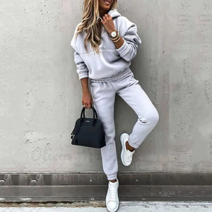 ชุด2ชิ้นสำหรับฤดูใบไม้ร่วงและฤดูหนาวของผู้หญิงชุดสตรีทเสื้อมีฮู้ดตัวยาวเหนือเข่าเสื้อสั้นสวมกางเกงวิ่งไหล่ตก - Product Image 1