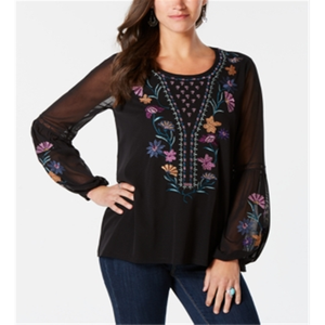 Camicetta Nera XL Style & Co con Colletto Asimmetrico Ricamato, Stile Bohémien Chic in Viscosa e Cotone, per Occasioni Formali e Casual, Ideale per Feste Estive - Product Image 3