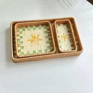 Bandeja con incrustaciones florales de perlas madre hechas a mano de fábrica de Vietnam, fregona rectangular de ratán, cestas de almacenamiento de conchas marinas para servir comida y bebida - Product Image 5