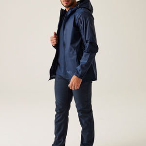 2025 Wholesale <b>Men's</b> Navy Blue Hooded Windbreaker Stand Collar All-Weather Adjustable & Dark Buttons with <b>Utility</b> Pockets - Product Image 5