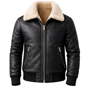 Men's Black Sheep Skin Genuine Leather Streetwear <b>Jacket</b> with Stand Collar Winter Bomber Zipper <b>Heated</b> Windproof Custom OEM - Product Image 1