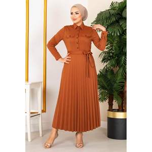 Pleated Skirt Modest Dress 100MD21515 <b>Tan</b> - Product Image 2
