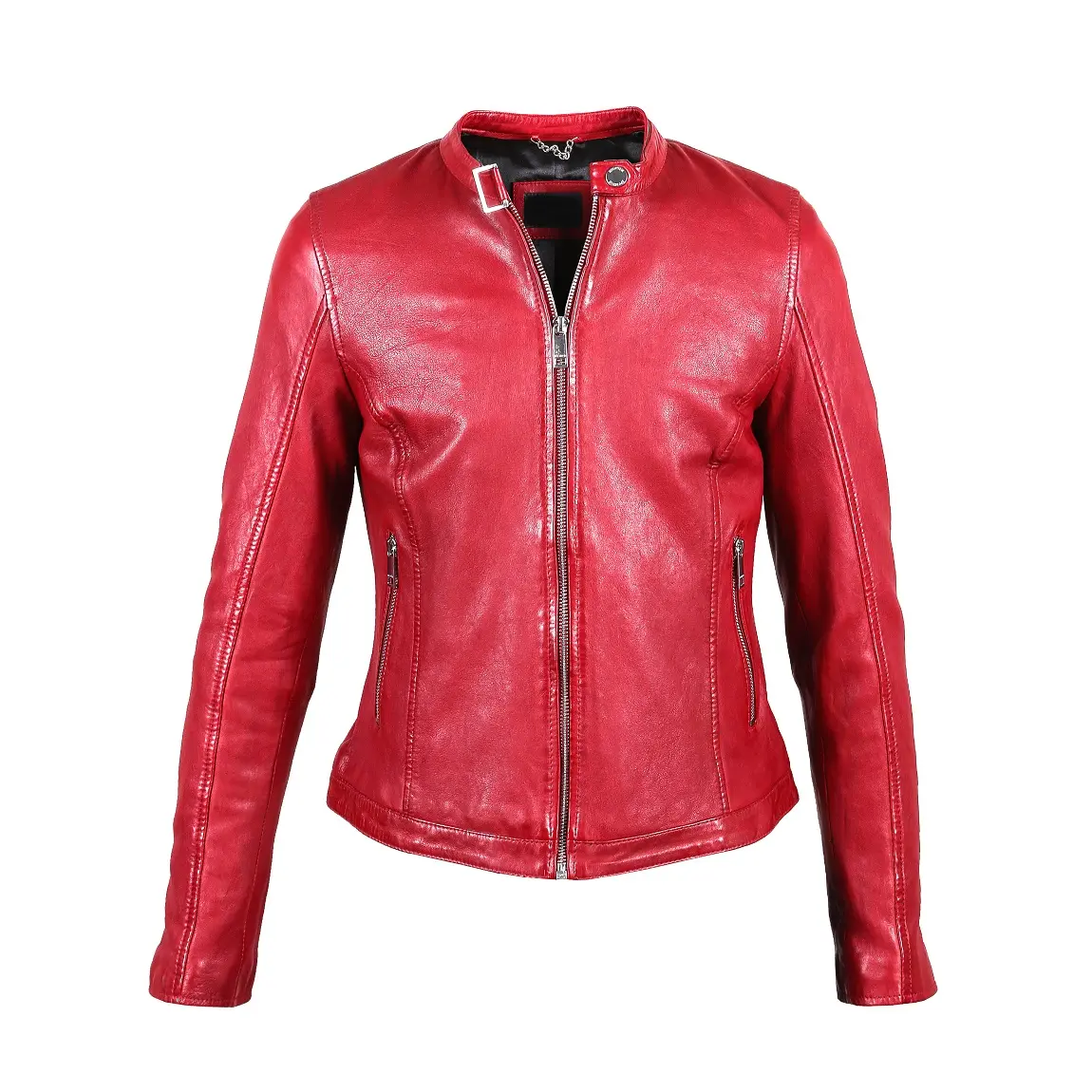 Wholesale Women Leather Collarless Jacket in Soft Lamb Nappa Slim Red Color Long Sleeves Jacket For Ladies