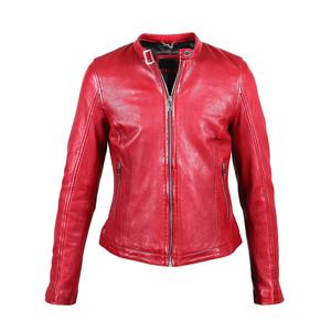 Veste de moto sans col en cuir véritable nappa de peau de mouton souple pour femme, rouge, coupe slim, manches longues, style urbain, été - Product Image 1