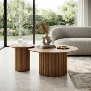 <b>Rustic</b> Round Wooden <b>Coffee</b> <b>Table</b> Fluted Base Balinese Handcrafted Living Room Tea Desk Indoor Furniture Home Decoration Item - Product Image 2
