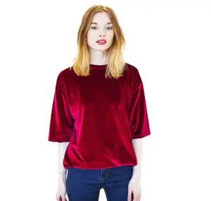 Women's Notched Neckline Lantern Sleeve Velvet Blouse Red Color Short Sleeve Velvet T Shirt Crew Loose Oversized Casual Wears