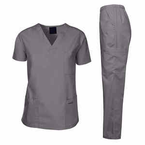 Uniformes hospitaliers d'été de meilleure qualité Uniformes hospitaliers extensibles pour soins infirmiers gris élégants Ensembles chemise et pantalon à lacets - Product Image 1