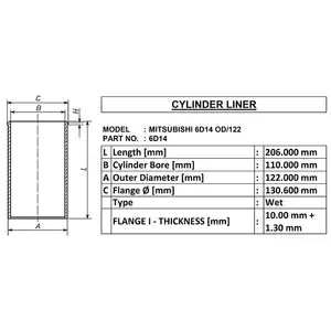 Mitsubishi 6d14 od/122 pour revêtement de cylindre humide oe 6d14 id 110 od 122 longueur 206 fabriqué en inde