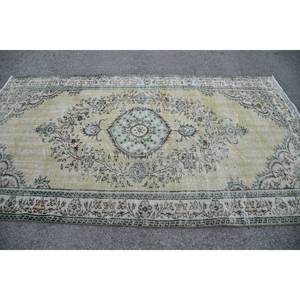 Classic Vintage Turkish Rug 5.2 X 9ft <b>Yellow</b> Green Patchwork Design <b>Wool</b> Flat Weave for Living Room Decorations Latex Backed - Product Image 3