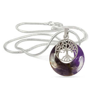 Natural <b>Crystal</b> Stone <b>Tree</b> of Life Charm Pendant Locket with Metal Chain - Product Image 1