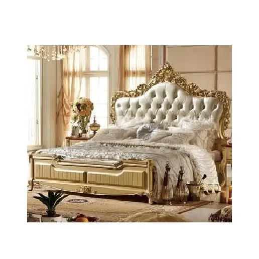 Vintage Carving Craft Classic Bed Slat Suporte Gold Leaf Sleigh Bed Cama Queen Size Para Casa