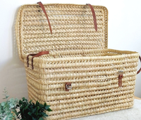 Fait à la main marocain bohème grand osier carré coffre de rangement femmes sac à bandoulière feuille de palmier poignées en cuir été automne serrure