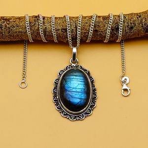 Handmade 925 Sterling Silver Necklace with Natural <b>Labradorite</b> Gemstone <b>Pendant</b> Fashion Jewelry for Kids' PartiesStamped 925 - Product Image 4