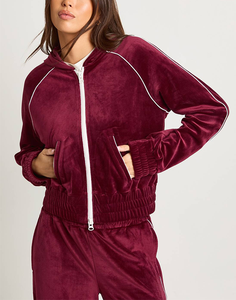 Conjunto de 2 piezas de joggers de terciopelo burdeos para mujer, novedad 2026, con chaqueta ajustada con cremallera y ribetes en contraste, antibacteriano, de peso medio y pierna ancha. - Product Image 5