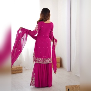 Ensemble sharara salwar kameez en georgette élégante avec un haut et un sharara en georgette ornés de broderies lourdes et un dupatta assorti pour les sorties décontractées - Product Image 5