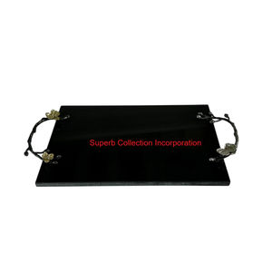 Plateau de service en marbre noir de luxe avec poignées de branches florales élégantes Plateau en granit fabriqué à la main pour la décoration intérieure Prix d'usine - Product Image 1