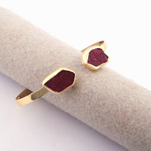 Statement Gift Jewelry Double Stone Dyed <b>Ruby</b> Collet Setting Cuff <b>Bracelet</b> Solid Brass Gold Plated Front Open Adjustable Bangles - Product Image 3
