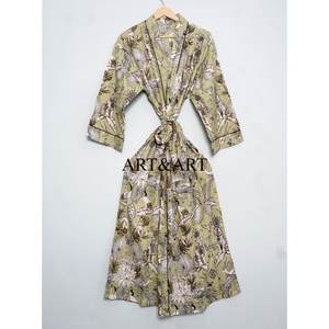 Indian Hand Block Printed Cotton Luxury <b>Women's</b> Bathrobe Kimono <b>Robe</b> Summer Wear Bridal Night Wear Front Logo Quick <b>Dry</b> - Product Image 2