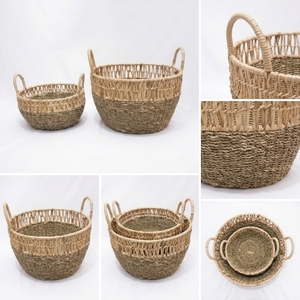 Ensemble de paniers en jonc de mer naturel et écorce de bananier, avec cadre en fer, grille ouverte, poignée en arche, pot de plantation peu profond, pour décoration de table, artisanat d'art pur - Product Image 3