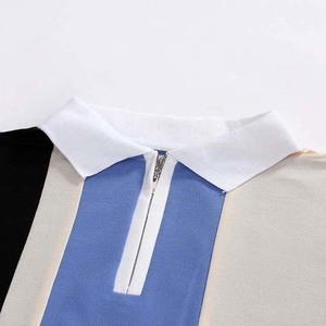 Men's Color Blocked Short Sleeve Polo <b>Shirt</b> Striped Knitted Casual Zipper <b>Collar</b> Blue White Black - Product Image 3