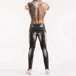 Nueva llegada de los hombres de tiro alto Skinny Vintage Street-Wear gris impreso Denim clásico lavado técnica botón cierre recto - Product Image 2