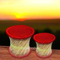 Nouveaux meubles de patio en osier naturel polyvalent Boho Pouf traditionnel os incrustation Console bambou pouf ensemble tabouret tissé à la main