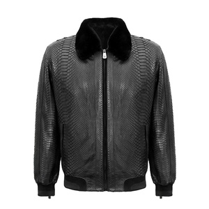 Python Embossed leather jacket for men's 2023 New Black Leather Bomber Jacket Style with Removable Collar and Rex Fur