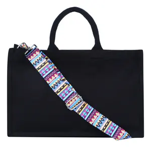 Top Trending Unique Design Black Color Long Printed Handle Cotton Hand Bag fashion cotton fabric bag woman hand bag