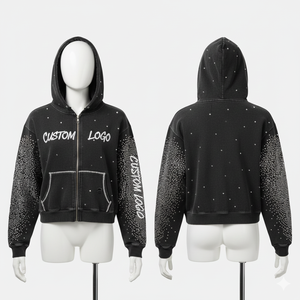 Sudadera con Capucha Personalizada con Logotipo y Pedrería para Hombre, 100% Algodón, con Cierre Completo, Estilo Corto y Holgado - Product Image 1