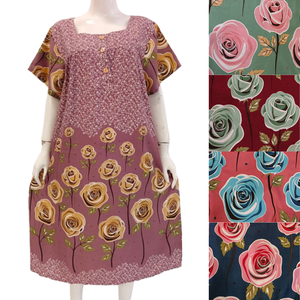 Chrysanta เดรสผ้าเรยอนยาวถึงเข่าลายดอกไม้มีกระดุมแขนสั้นด้านหน้าทนทานสวมใส่ง่ายนุ่มเรียบง่าย - Product Image 1