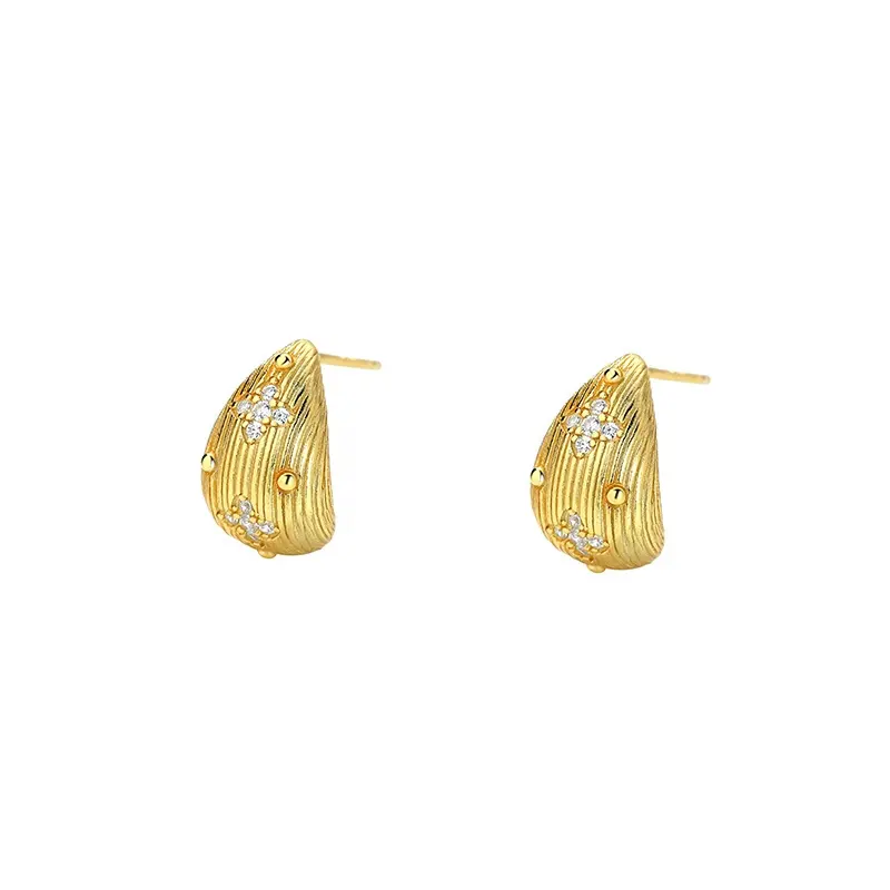 Luxury vintage 925 sterling silver fine jewelry 18k gold brushed pear shape zircon water drop stud earrings for women
