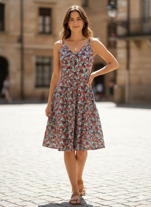 Robe trapèze décontractée pour femme, 100% coton tissé, sans manches, imprimée, coupe régulière, taille naturelle, longueur genou, style doux et mignon, collection printemps - Product Image 3