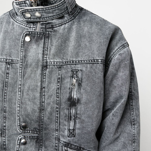 Nouvelle veste en jean pour homme grande taille personnalisée, col montant, délavée et usée - Product Image 5