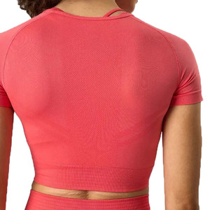 Top corto de secado rápido de Color sólido para mujer, camiseta de entrenamiento de gimnasio que absorbe el sudor de verano con manga corta lisa - Product Image 4
