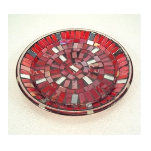 <b>Red</b> Color Mosaic Finished Glass Taper Plate Round Shape Taper <b>Candle</b> Holder Plate For Home Dining Table Party Decorative - Product Image 1