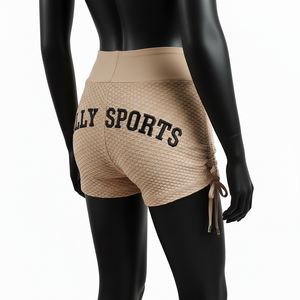 Shorts de sport pour femme, 220 GSM, polyester et élasthanne, maille nid d'abeille beige, taille haute, logo brodé personnalisé. - Product Image 5