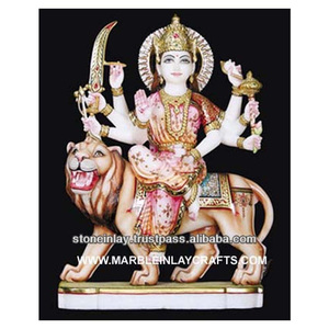 Hermosa estatua de Durga Maa sobre León, escultura de acabado hecho por nuevo diseñador indio, Makran, mármol blanco, era Maa - Product Image 1