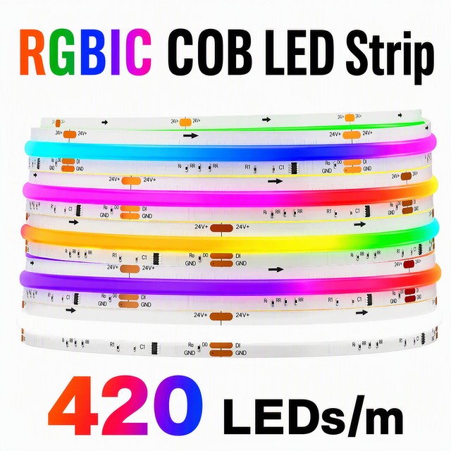 RGBIC COB LED Strip Light, 420 LEDs/m Addressable Chasing Tape, DC 12V/24V 10mm Cuttable Smart Strip for Home Decor