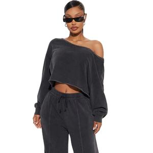 Sudadera holgada con hombros descubiertos de rizo francés de primera calidad y pantalones de chándal de pierna ancha holgados para mujer - Product Image 1