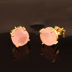 Pendiente de tuerca de Calcedonia Rosa facetado redondo de 10mm, hecho a mano, Juego de puntas chapadas en oro de 24k, joyería geométrica para mujer - Product Image 6