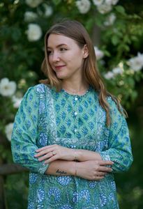 Bleu respirant coton robe poches bloc imprimé Mini vacances élégant Sexy col rond durable vente rapide gratuit s'adapte balle - Product Image 2