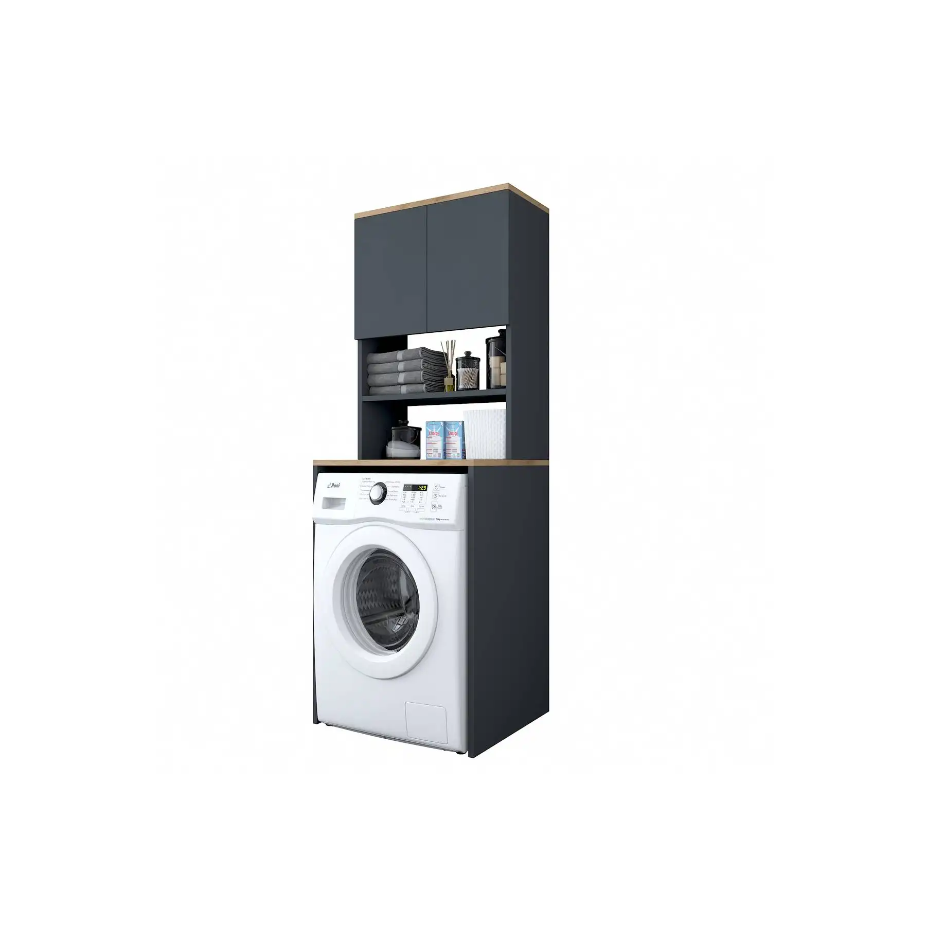 Rani Kd101 Wasmachine Kast Met 3 Planken 2 Deuren Voor Wasserij Badkamer Donkere Grijze S-Walnoot Kleur Groothandel Meubels 2674