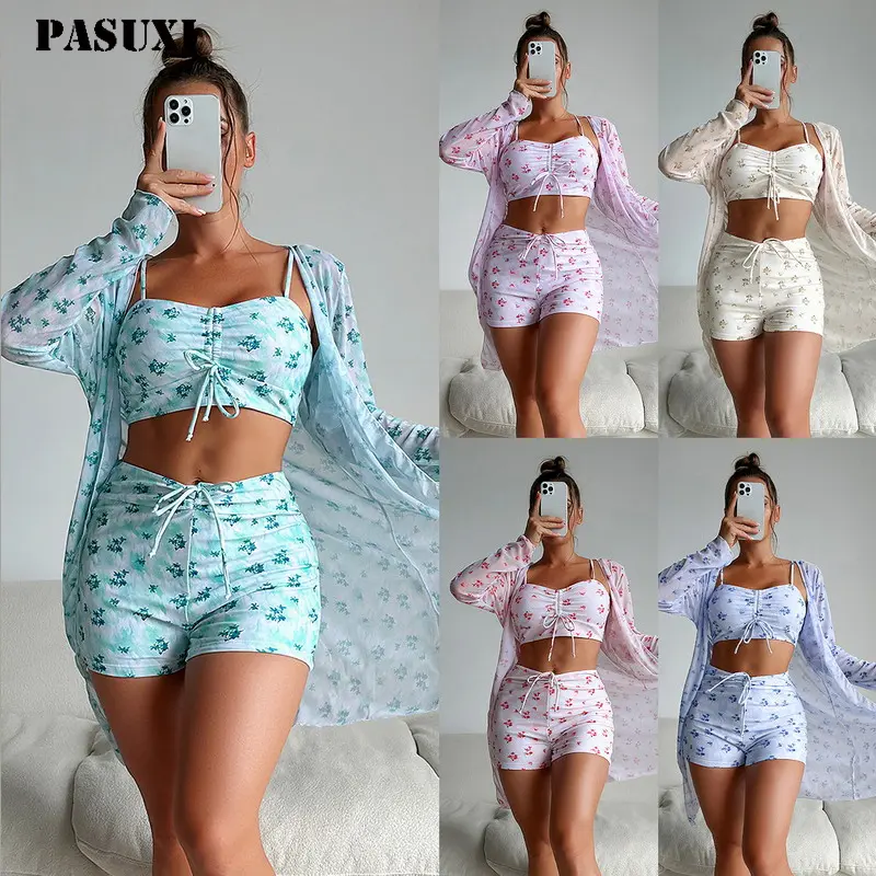 PASUXI Moda Sexy Bikini Set Plus Size 3 Peças Swimwear Impressão Flor Tecido Com Cintos Manga Longa Cover Up Swimsuit Beachwear