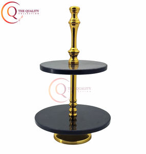 Venta caliente Lujoso soporte para pasteles de dos niveles con elegante columna de soporte dorado Niveles de mármol oscuro con características de fácil transporte - Product Image 5