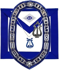 Mandil Masónico de Oficial de Logia Azul, Músico, Tyler Sentinel, con Collar de Cadena de Plata y Joya (MÚSICO) - Product Image 1