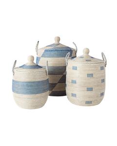 High Quality Best Selling Eco-friendly Set of 3 Handwoven <b>Seagrass</b> <b>Basket</b> with Handles-blue & Natural Color From Vietnam - Product Image 1
