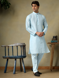 <b>Men</b> Sky Blue Cotton Silk Kurta <b>Pajama</b> <b>Set</b> | Summer Casual Breathable Mandarin Collar Geometric Woven Designer Ethnic Wear - Product Image 2