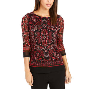 Top da Donna Charter Club Taglia Piccola Rosso con Scollo a Barca, Stampa Floreale e Leopardata, Ricamato, Casual Y2K, in Maglia e Chiffon, Disponibile XL - Product Image 1