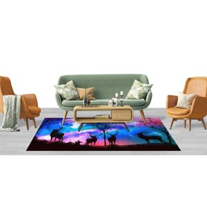 Alfombra con Silueta de Ciervo, Diseño de Nubes Coloridas en Patchwork, Ecológica, Tradicional, para Comedor, de Lana, Grosor Medio, con Látex - Product Image 5