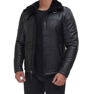 Chaqueta de cuero de bombardero de piel de oveja de alta calidad, abrigo cálido de piel de oveja genuina con tela de lona de lana gruesa, MOQ bajo - Product Image 4